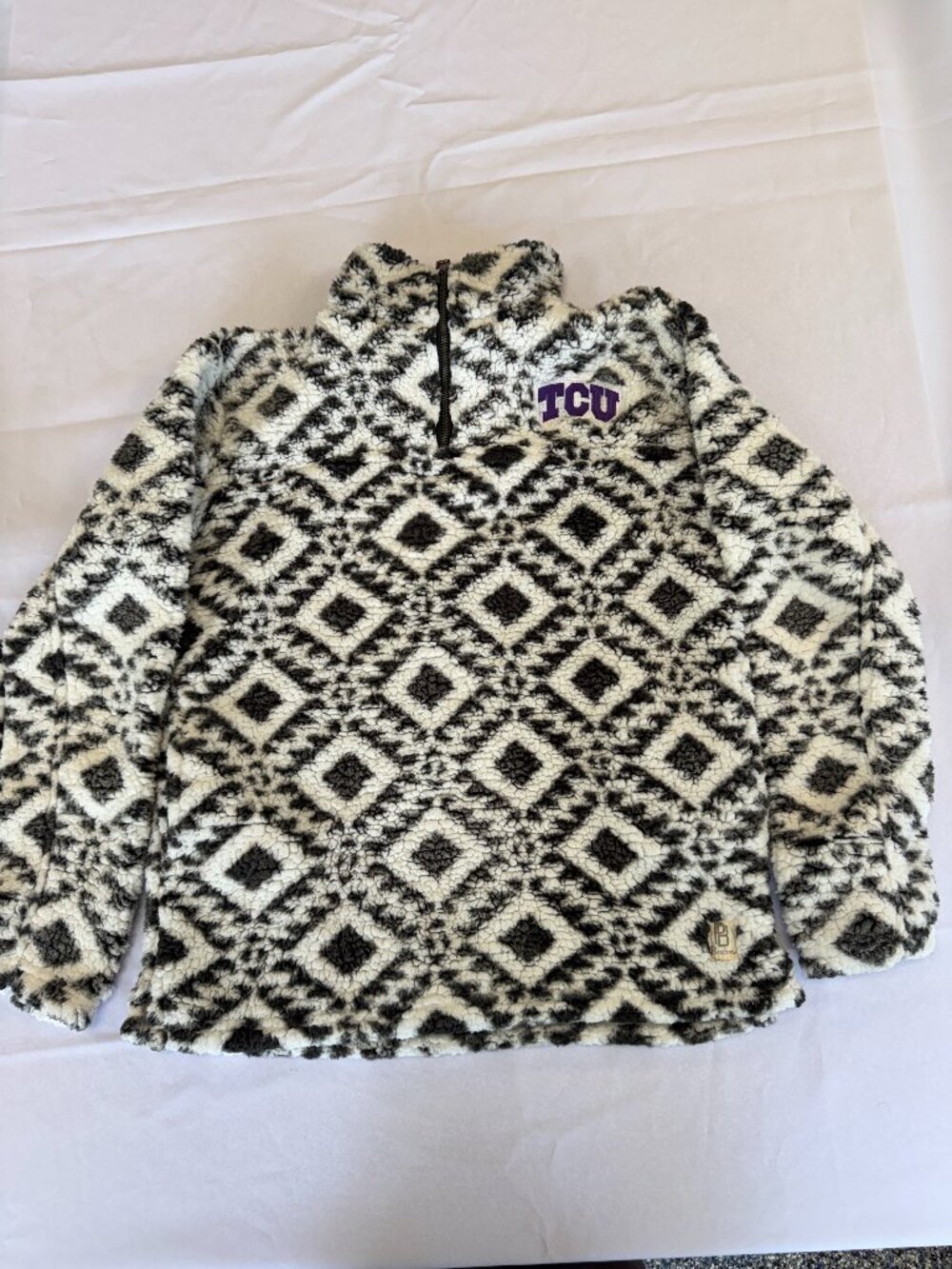 Pressbox TCU Black White Geometric Pattern Sherpa Quarter Zip Pullover Size M